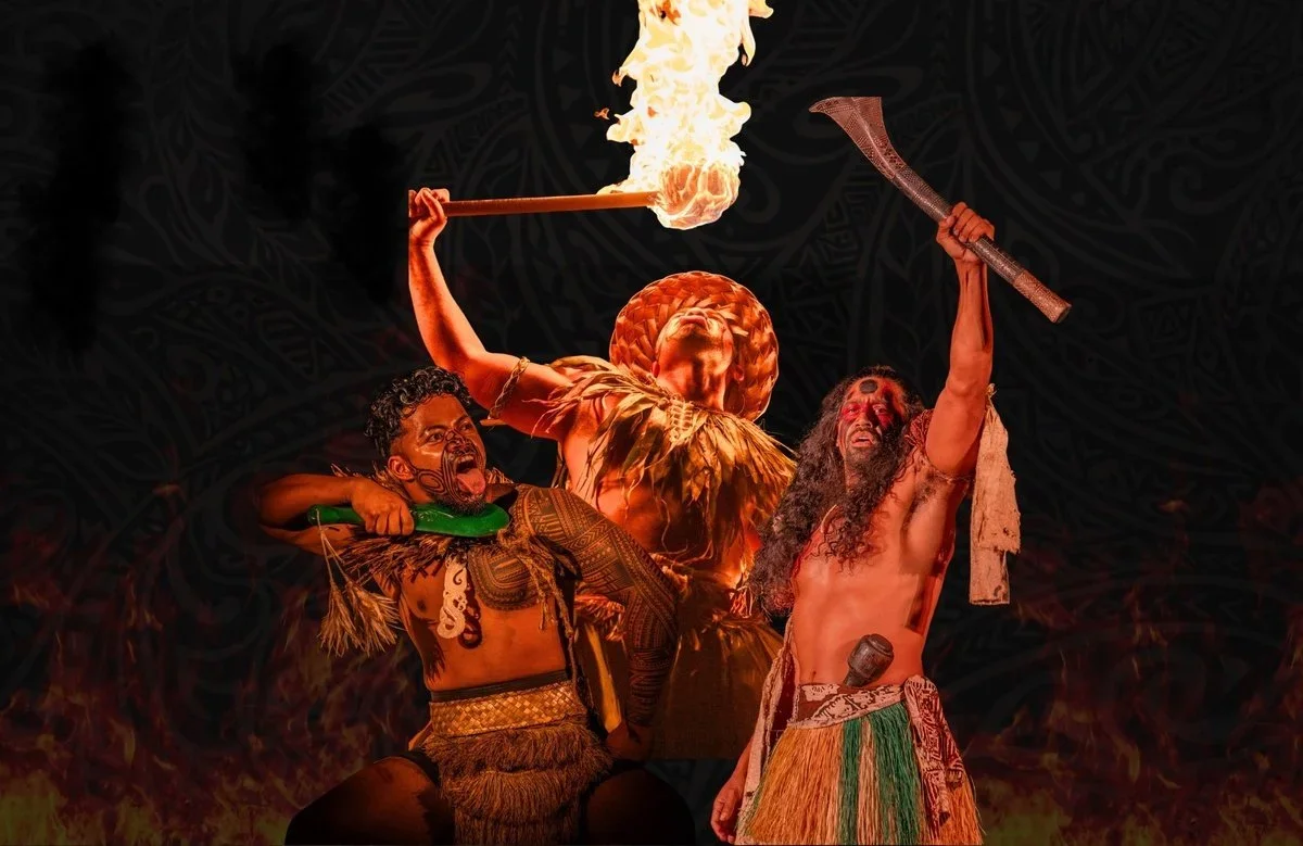 Polynesian warriors with fire at Mauka Warriors Luau